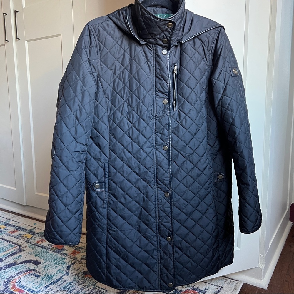 Ralph Lauren Black Diamond Quilted long Hooded Coat Horsebit Chain Lining